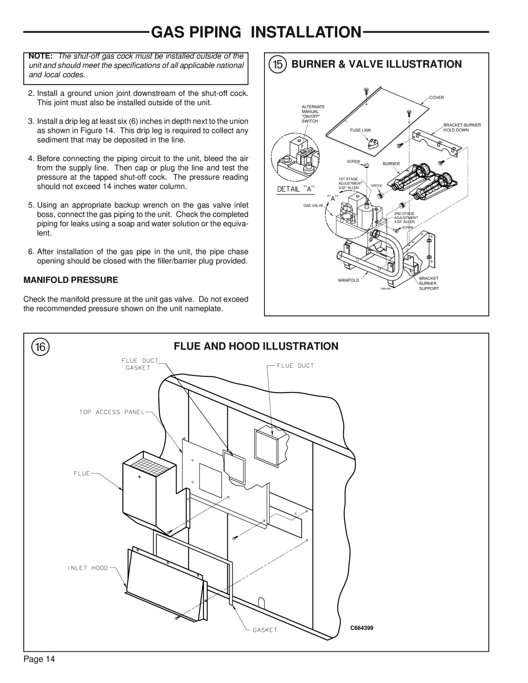 Trane YCZ035F1 manual t BURNER & VALVE ILLUSTRATION, Flue And Hood Illustration, Gas Piping Installation, Manifold Pressure 