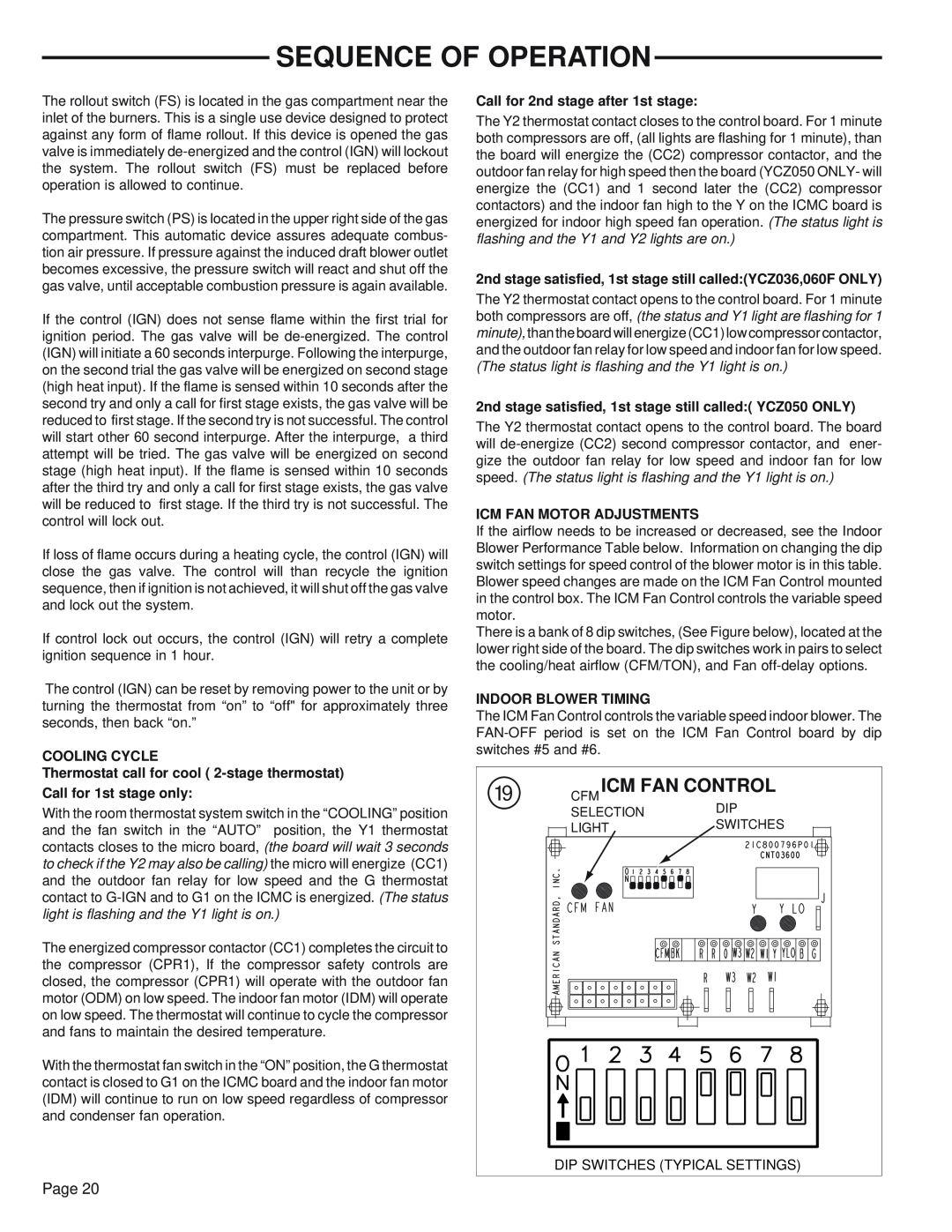 Trane YCZ035F1, YCZ036F1/3M0B manual o CFM ICM FAN CONTROLDIP, Sequence Of Operation 