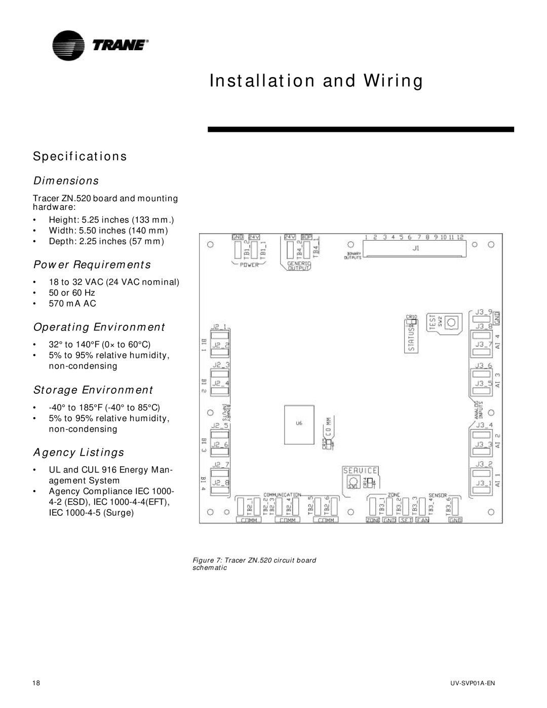 Trane Tracer Unit Ventilator, ZN.520 manual Installation and Wiring, Specifications 