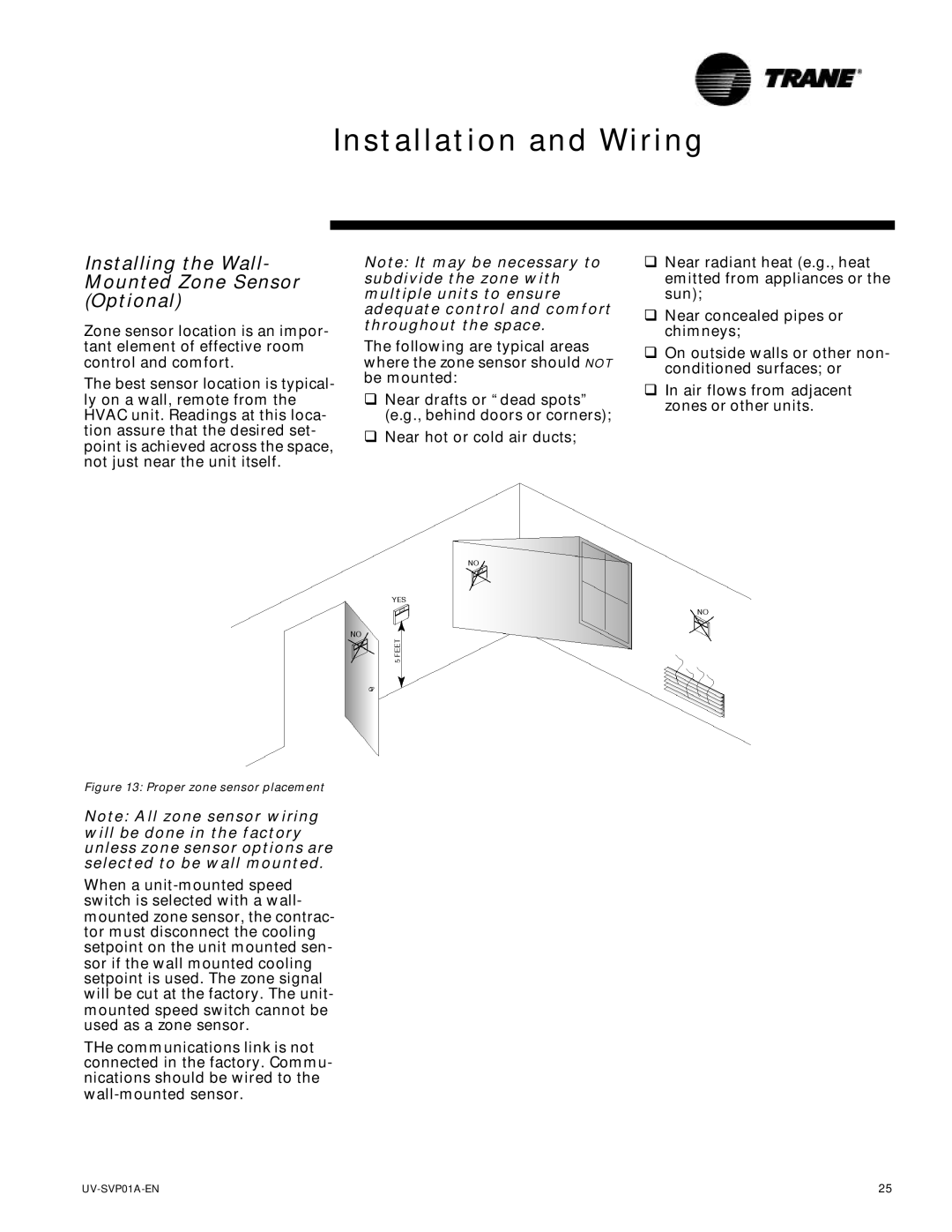 Trane ZN.520, Tracer Unit Ventilator manual Installing the Wall- Mounted Zone Sensor Optional, Proper zone sensor placement 