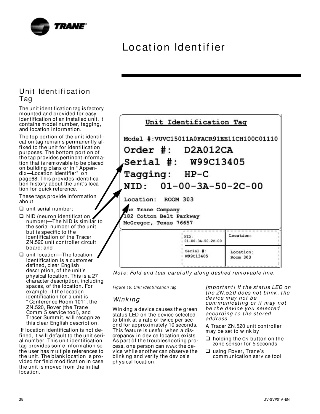 Trane Tracer Unit Ventilator, ZN.520 manual Location Identifier, Unit Identification Tag, Winking 