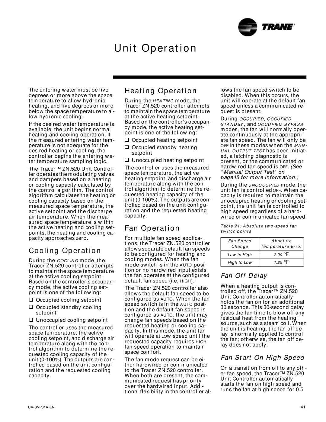 Trane ZN.520 manual Cooling Operation, Heating Operation, Fan Operation, Fan Off Delay, Fan Start On High Speed 