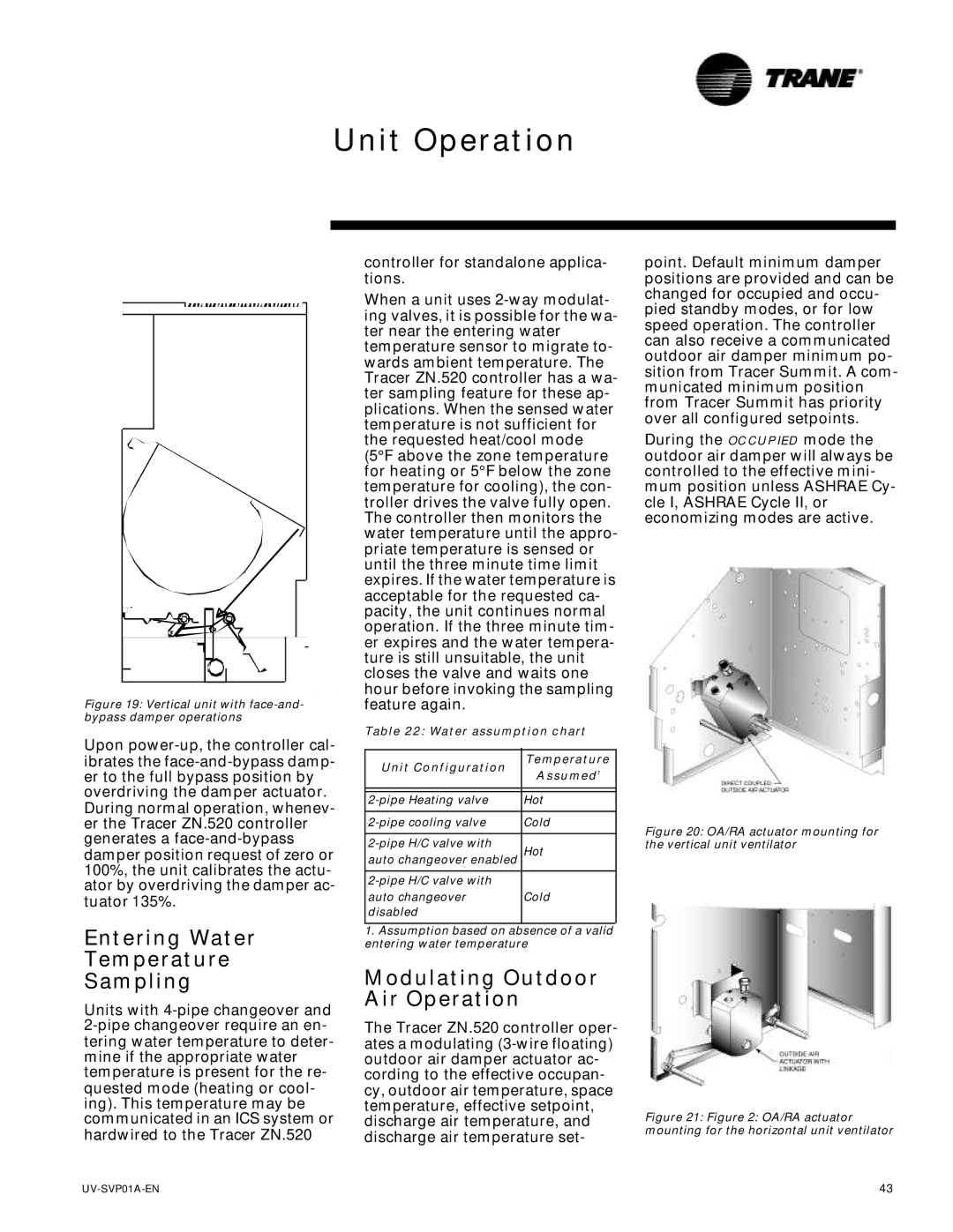 Trane ZN.520 manual Entering Water Temperature Sampling, Modulating Outdoor Air Operation, Water assumption chart 