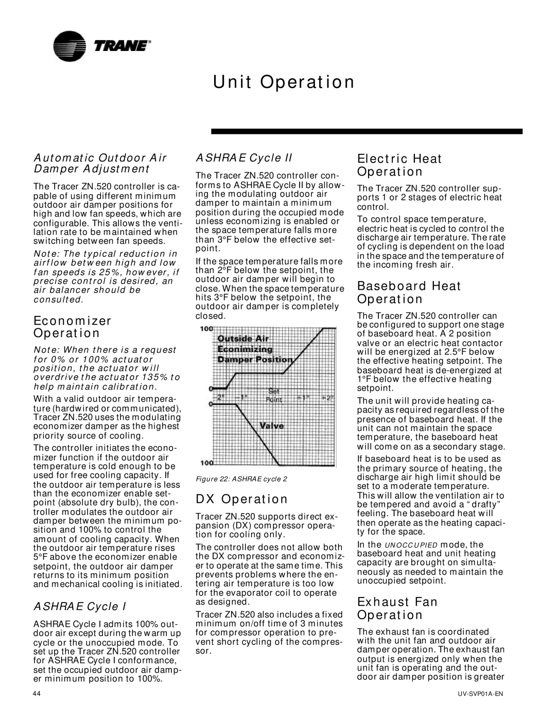 Trane Tracer Unit Ventilator, ZN.520 Economizer Operation, DX Operation, Electric Heat Operation, Baseboard Heat Operation 