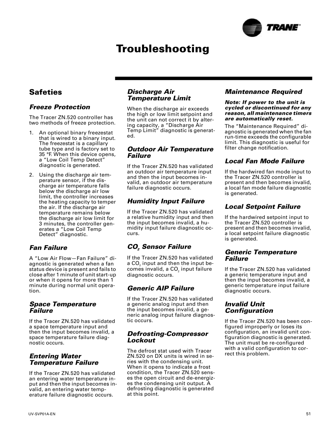 Trane Tracer Unit Ventilator Freeze Protection, Fan Failure, Space Temperature Failure, Entering Water Temperature Failure 