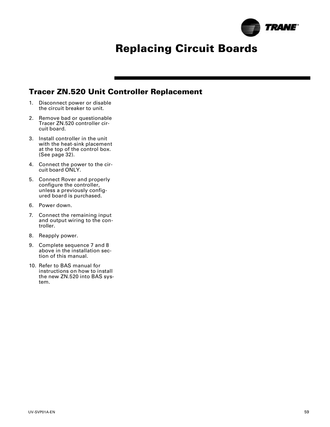 Trane Tracer Unit Ventilator manual Replacing Circuit Boards, Tracer ZN.520 Unit Controller Replacement 