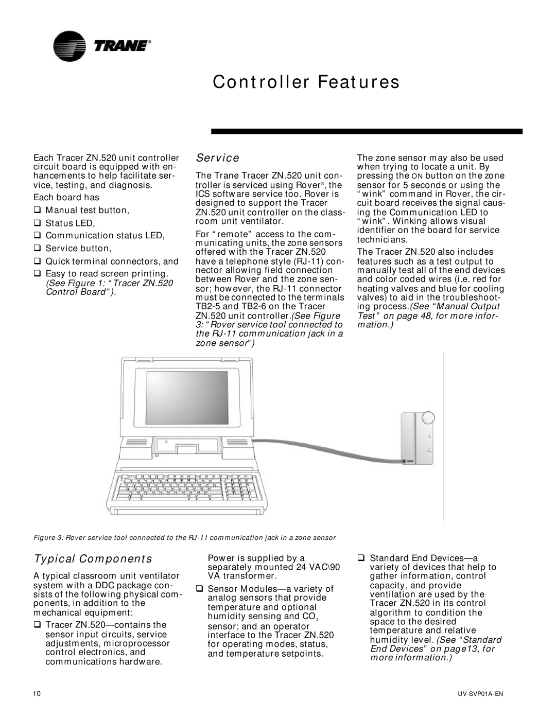 Trane Tracer Unit Ventilator, ZN.520 manual Controller Features, Service, Typical Components 