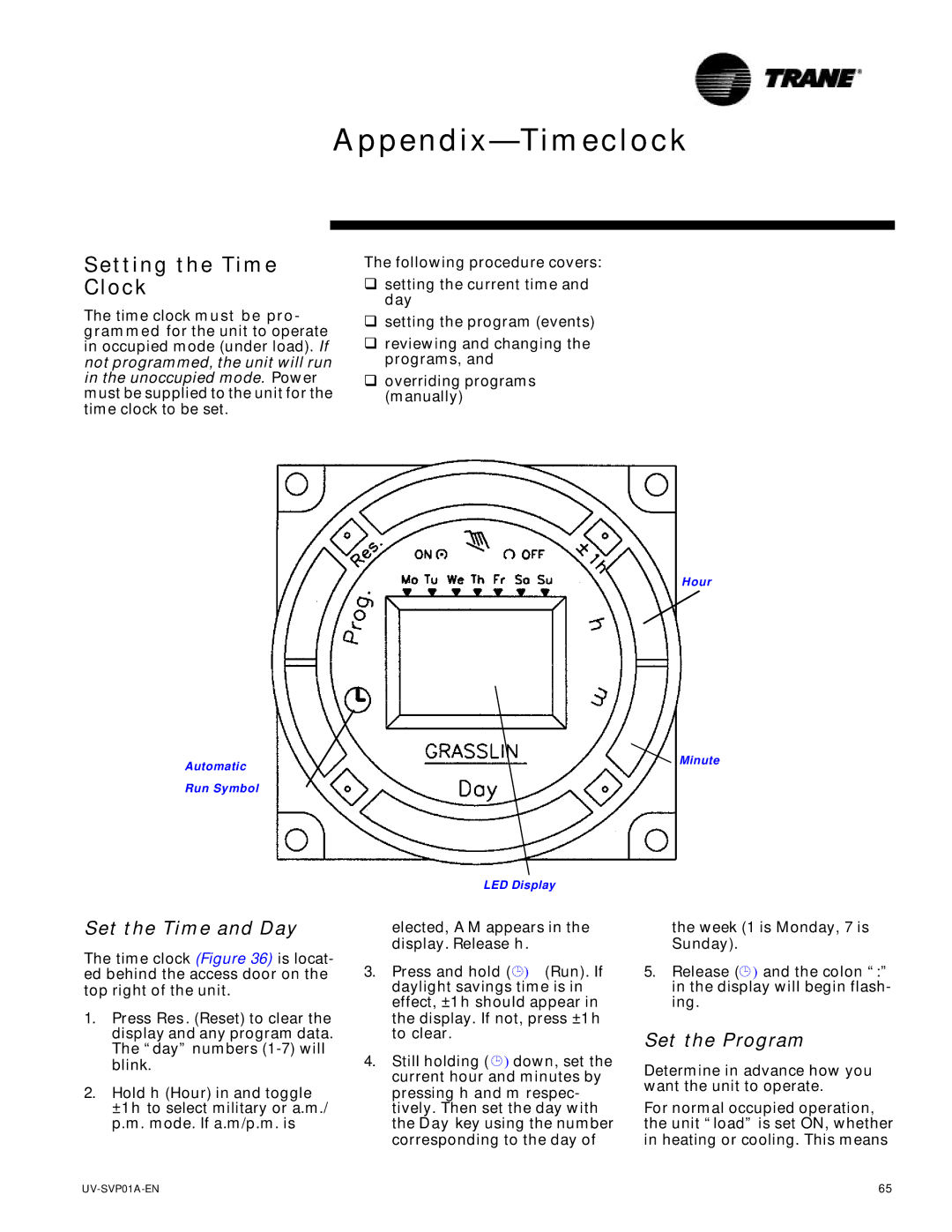 Trane Tracer Unit Ventilator, ZN.520 Appendix-Timeclock, Setting the Time Clock, Set the Time and Day, Set the Program 