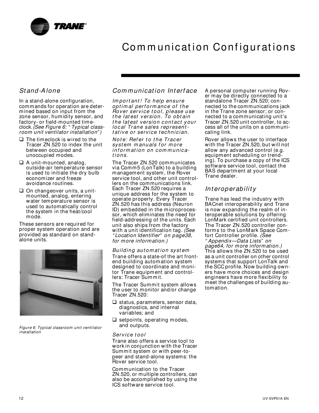 Trane Tracer Unit Ventilator, ZN.520 manual Stand-Alone, Communication Interface, Interoperability 