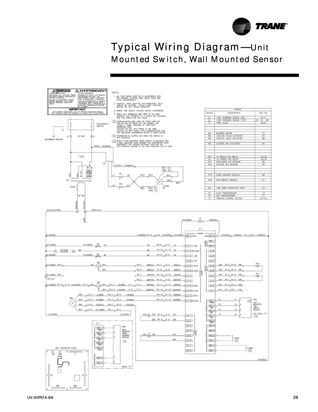 Trane ZN.520, Tracer Unit Ventilator manual Typical Wiring Diagram-Unit, Mounted Switch, Wall Mounted Sensor, UV-SVP01A-EN 