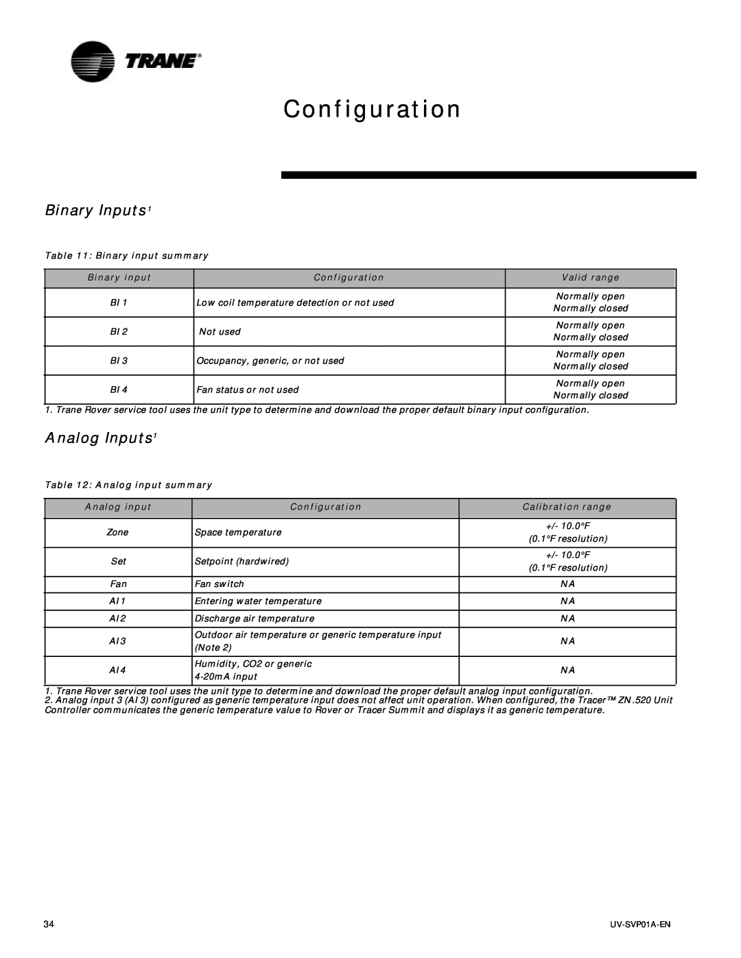 Trane Tracer Unit Ventilator Configuration, Binary input summary, Valid range, Analog input summary, Calibration range 