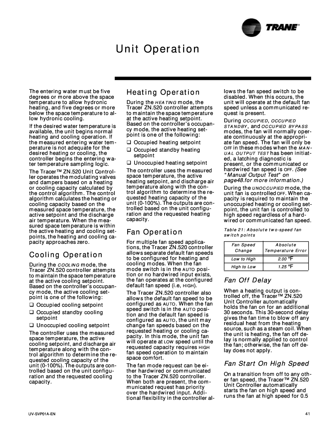 Trane Tracer Unit Ventilator, ZN.520 manual Unit Operation, Cooling Operation, Heating Operation, Fan Operation 