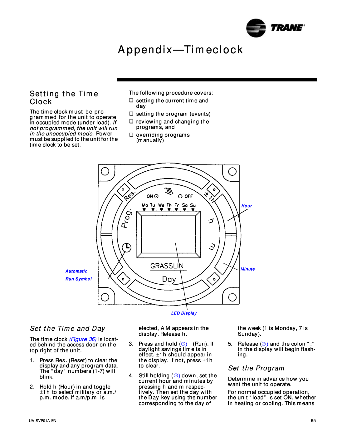 Trane Tracer Unit Ventilator, ZN.520 manual Appendix-Timeclock, Setting the Time Clock 