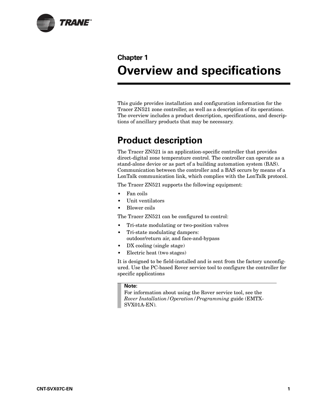 Trane CNT-SVX07C-EN, Zone Controller, N512 manual Overview and specifications, Product description 