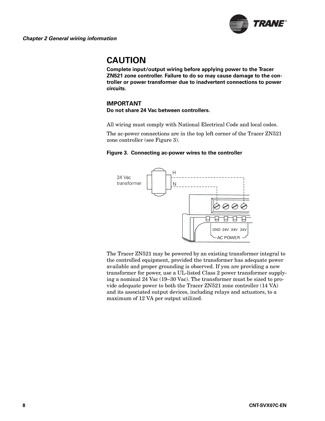 Trane Zone Controller, N512, CNT-SVX07C-EN manual General wiring information 