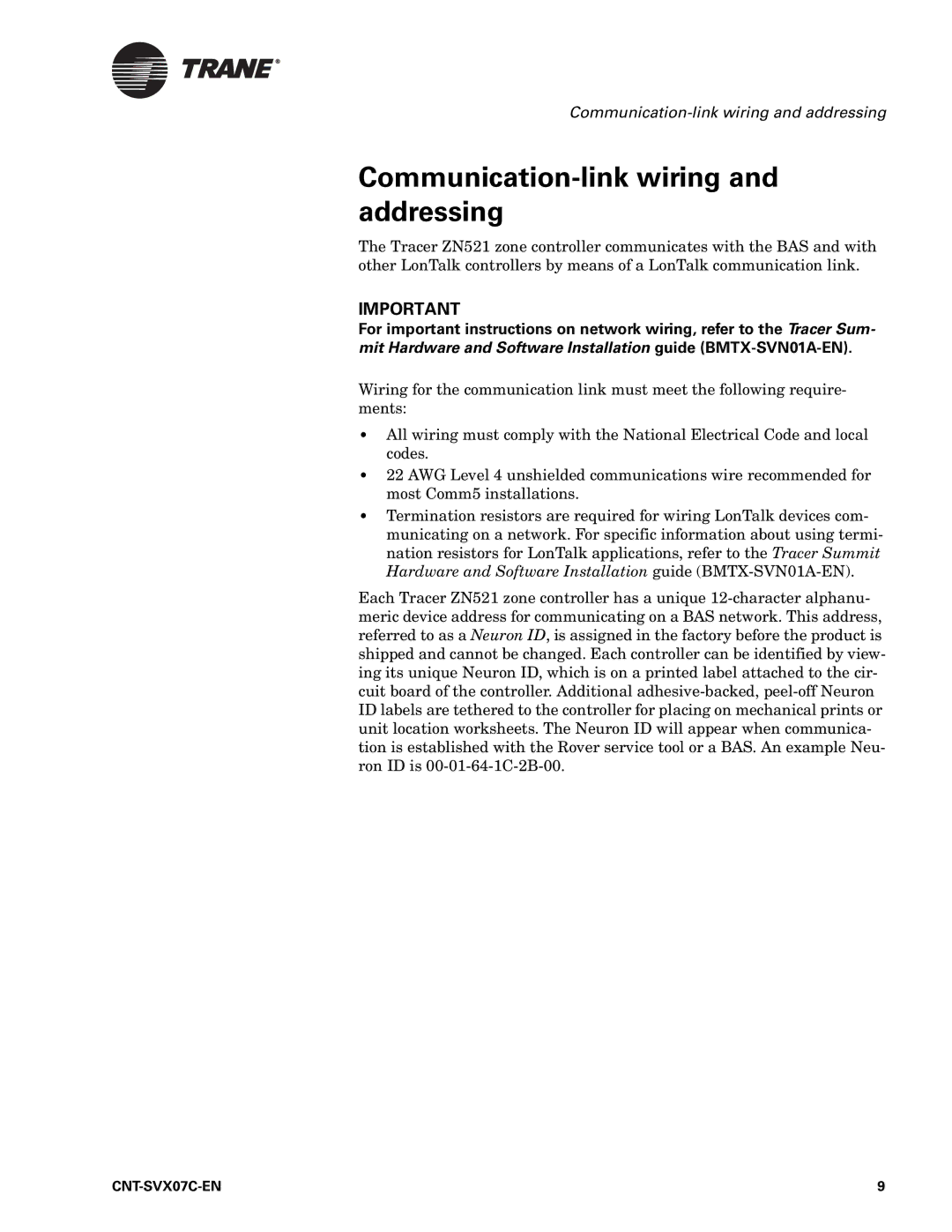 Trane N512, Zone Controller, CNT-SVX07C-EN manual Communication-link wiring and addressing 