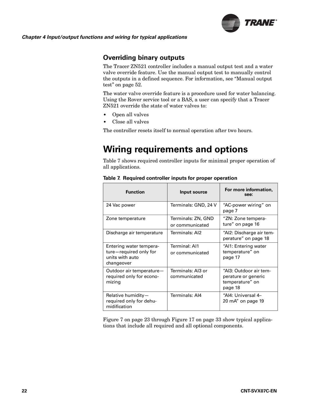 Trane CNT-SVX07C-EN, Zone Controller, N512 manual Wiring requirements and options, Overriding binary outputs 