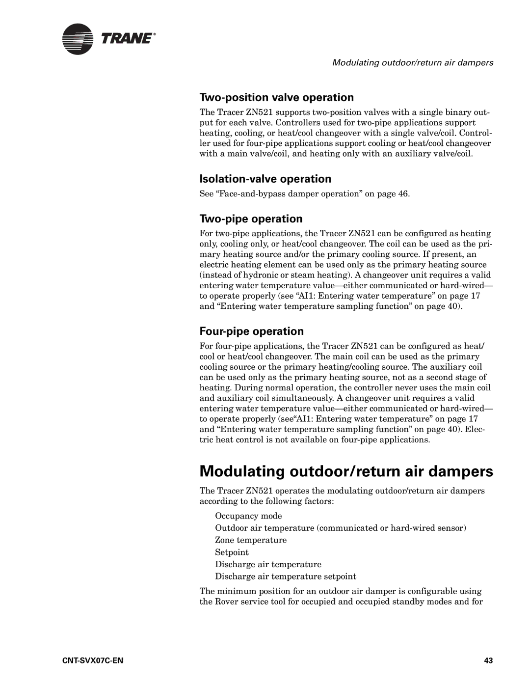 Trane CNT-SVX07C-EN, N512 Modulating outdoor/return air dampers, Two-position valve operation, Isolation-valve operation 