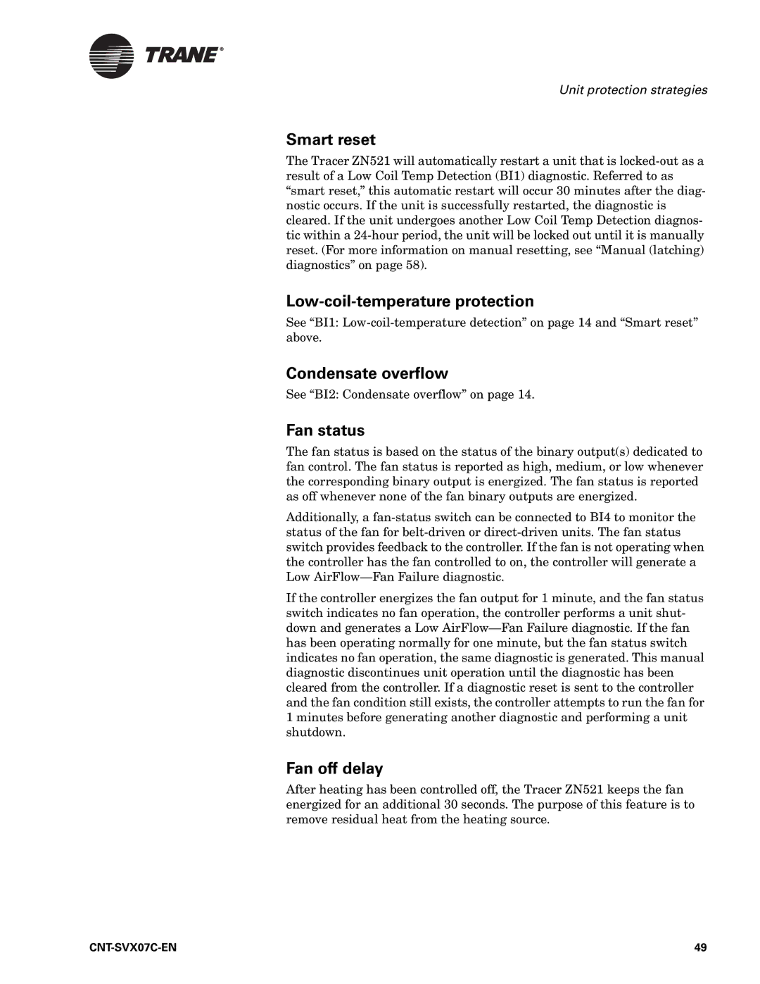 Trane CNT-SVX07C-EN, N512 Smart reset, Low-coil-temperature protection, Condensate overflow, Fan status, Fan off delay 
