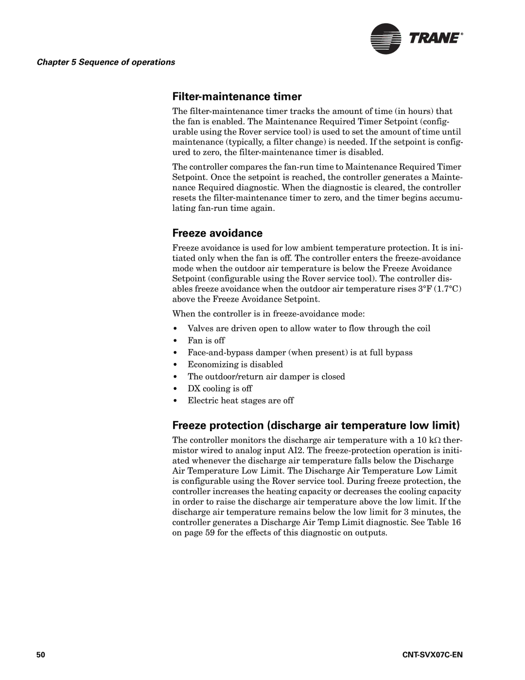 Trane Zone Controller Filter-maintenance timer, Freeze avoidance, Freeze protection discharge air temperature low limit 