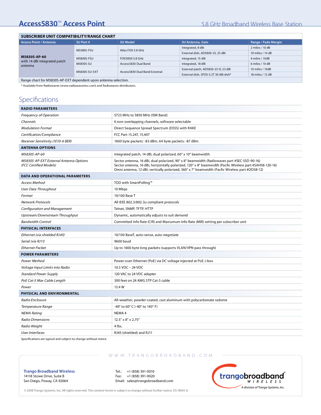 Trango Broadband Access5830TM AP Antenna Options, Data and Operational Parameters, Physical Interfaces, Power Parameters 