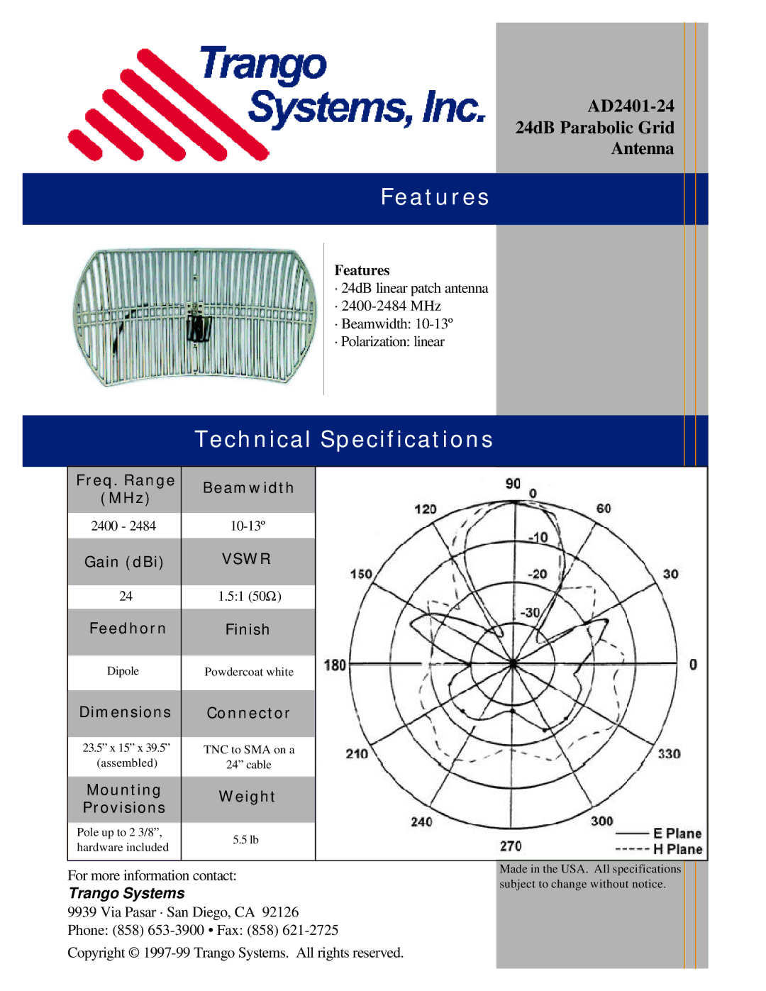 Trango Broadband AD2401-24 technical specifications Features, Technical Specifications, Vswr 