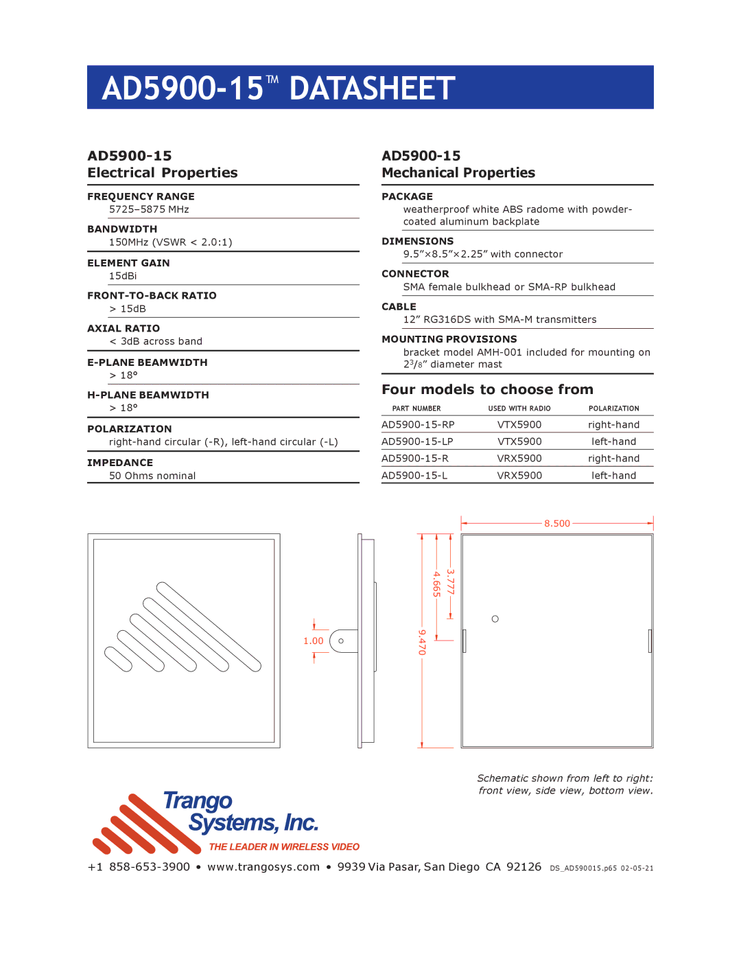 Trango Broadband AD5900-15-R AD5900-15 Electrical Properties, AD5900-15 Mechanical Properties, Four models to choose from 