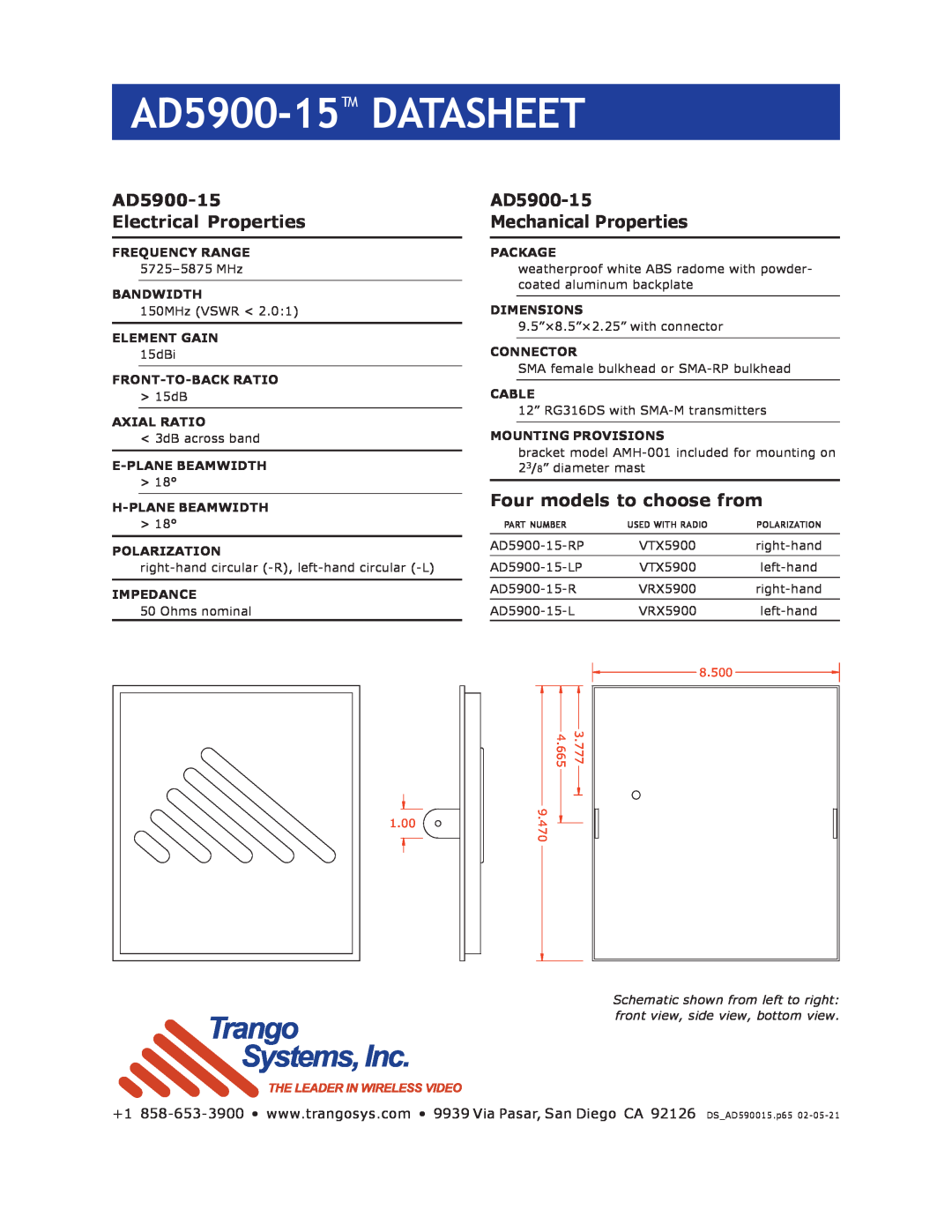 Trango Broadband AD5900-15-R manual AD5900-15 DATASHEET, AD5900-15 Electrical Properties, AD5900-15 Mechanical Properties 