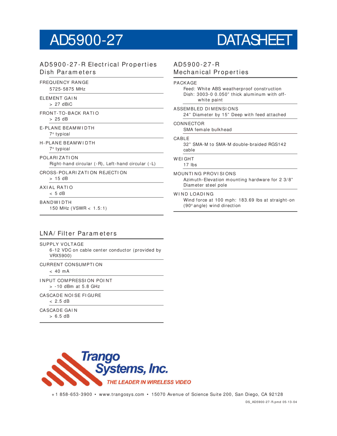 Trango Broadband manual AD5900-27-R Electrical Properties Dish Parameters, LNA/Filter Parameters 