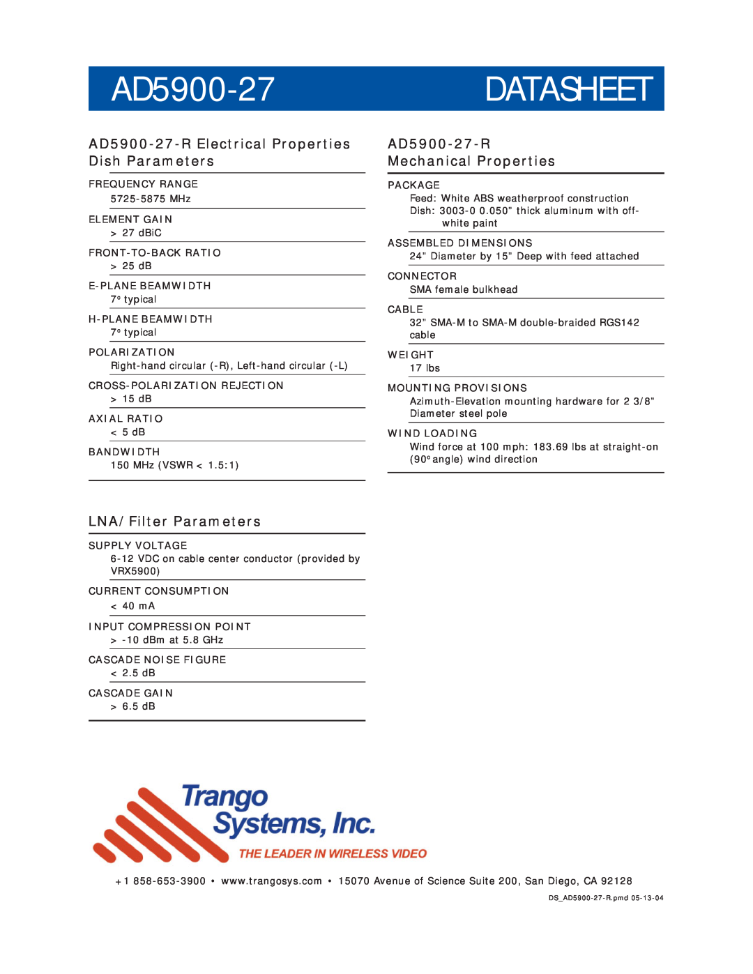 Trango Broadband manual AD5900-27DATASHEET, AD5900-27-R Electrical Properties Dish Parameters, LNA/Filter Parameters 