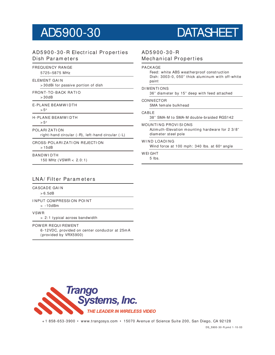 Trango Broadband manual AD5900-30-R Electrical Properties Dish Parameters, LNA/Filter Parameters 