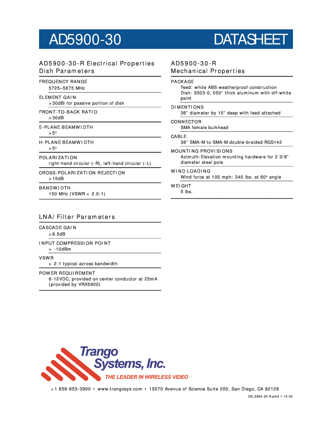 Trango Broadband manual AD5900-30DATASHEET, AD5900-30-R Electrical Properties Dish Parameters, LNA/Filter Parameters 