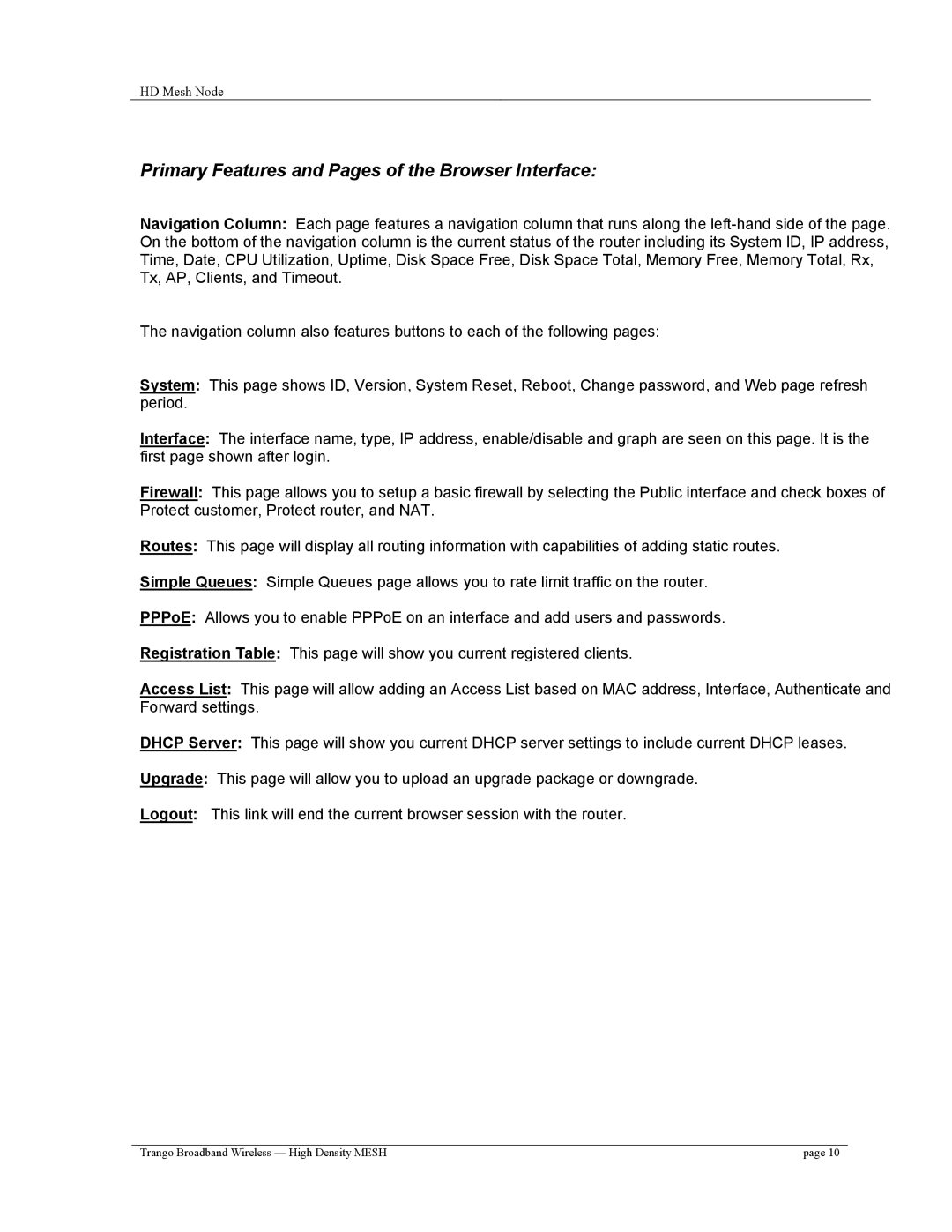 Trango Broadband High Density Mesh System user manual Primary Features and Pages of the Browser Interface 