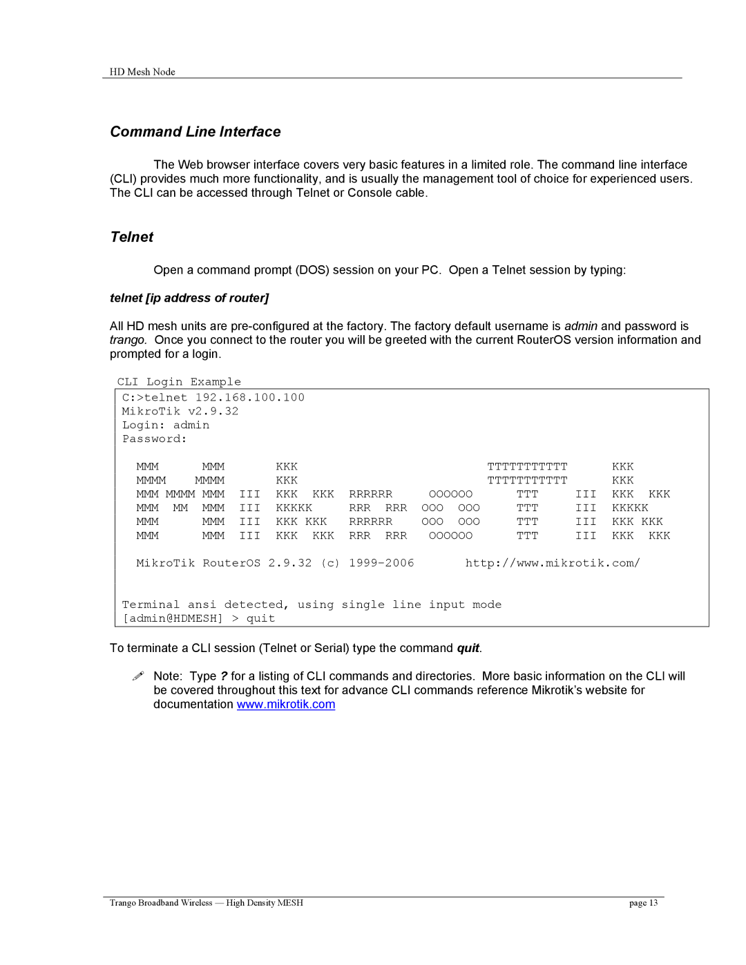 Trango Broadband High Density Mesh System user manual Command Line Interface, Telnet 