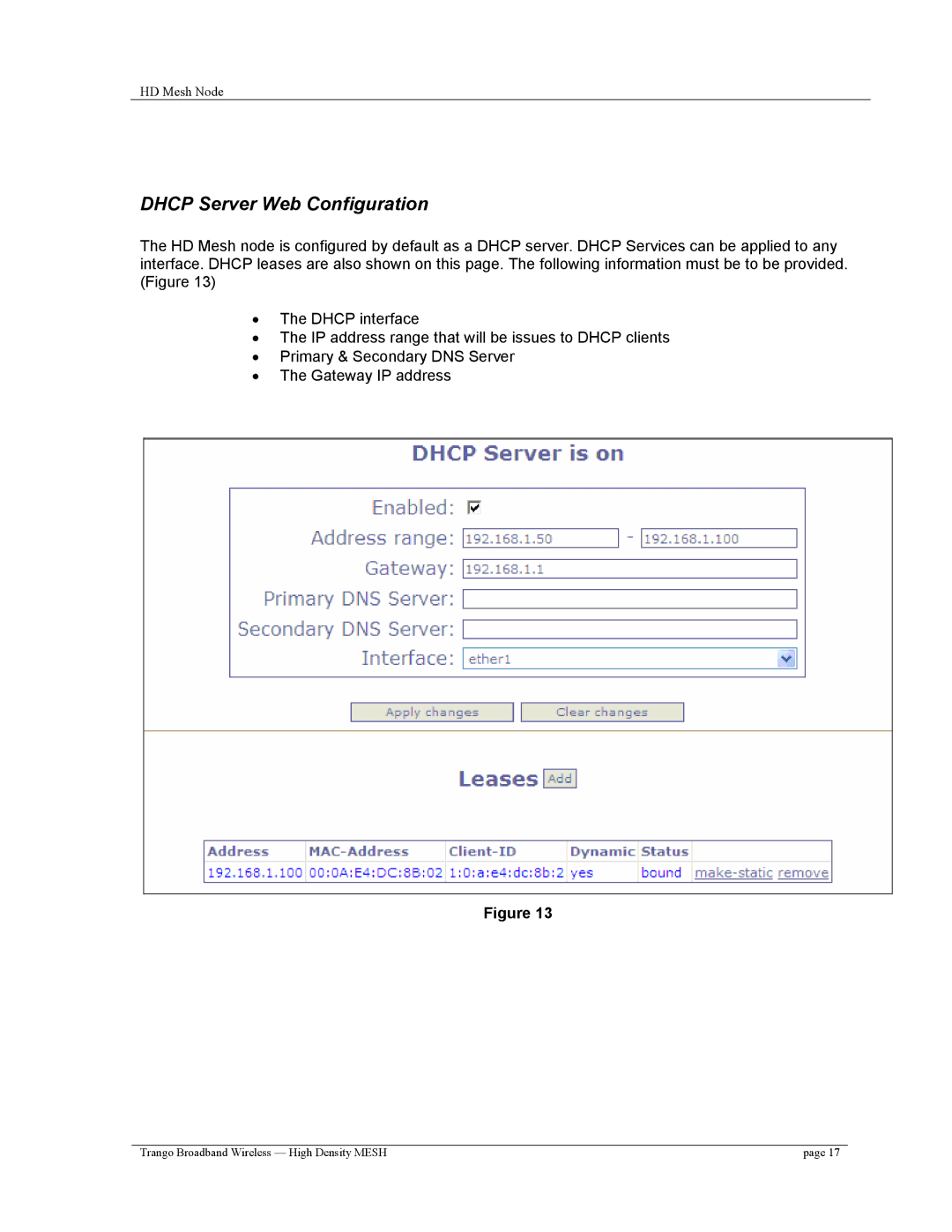 Trango Broadband High Density Mesh System user manual Dhcp Server Web Configuration 