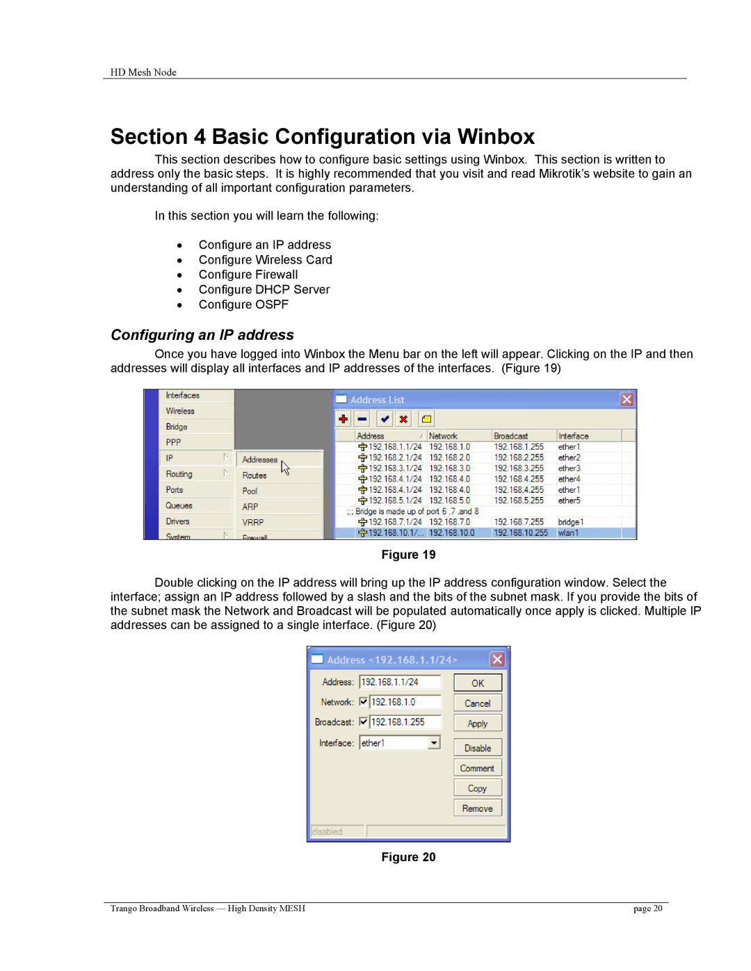 Trango Broadband High Density Mesh System user manual Basic Configuration via Winbox, Configuring an IP address 