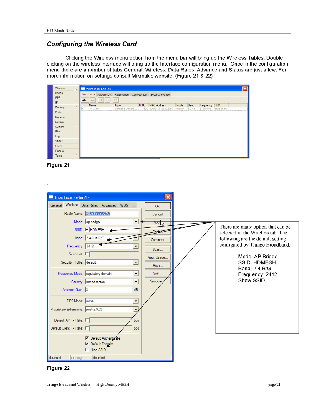 Trango Broadband High Density Mesh System user manual Configuring the Wireless Card 