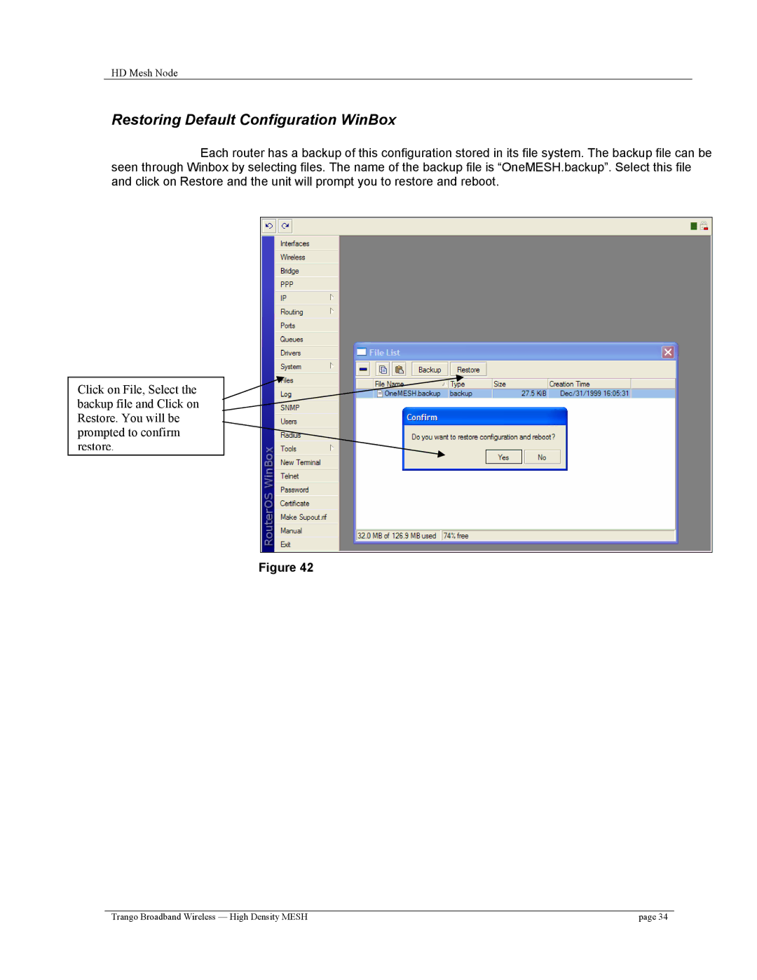 Trango Broadband High Density Mesh System user manual Restoring Default Configuration WinBox 