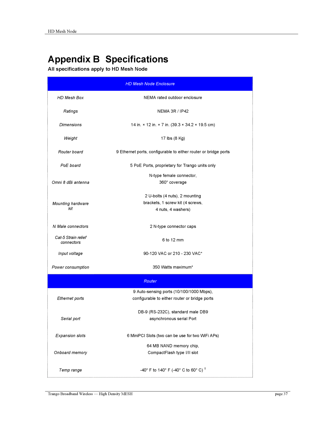 Trango Broadband High Density Mesh System user manual Appendix B Specifications, All specifications apply to HD Mesh Node 