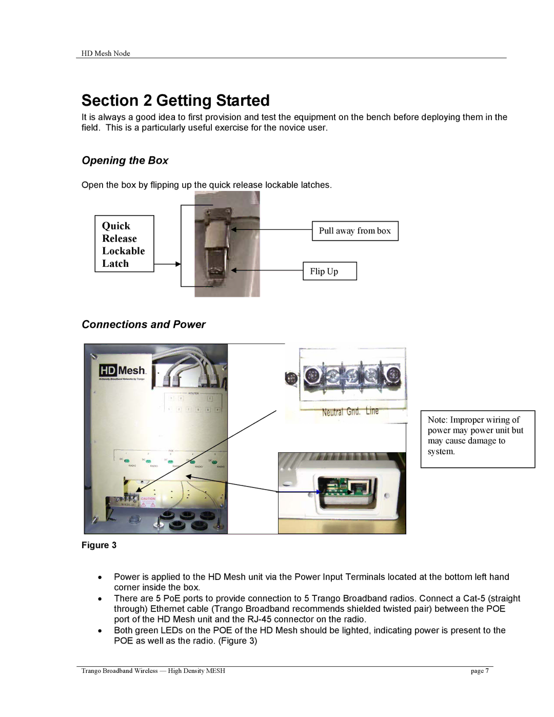 Trango Broadband High Density Mesh System user manual Getting Started, Opening the Box, Connections and Power 