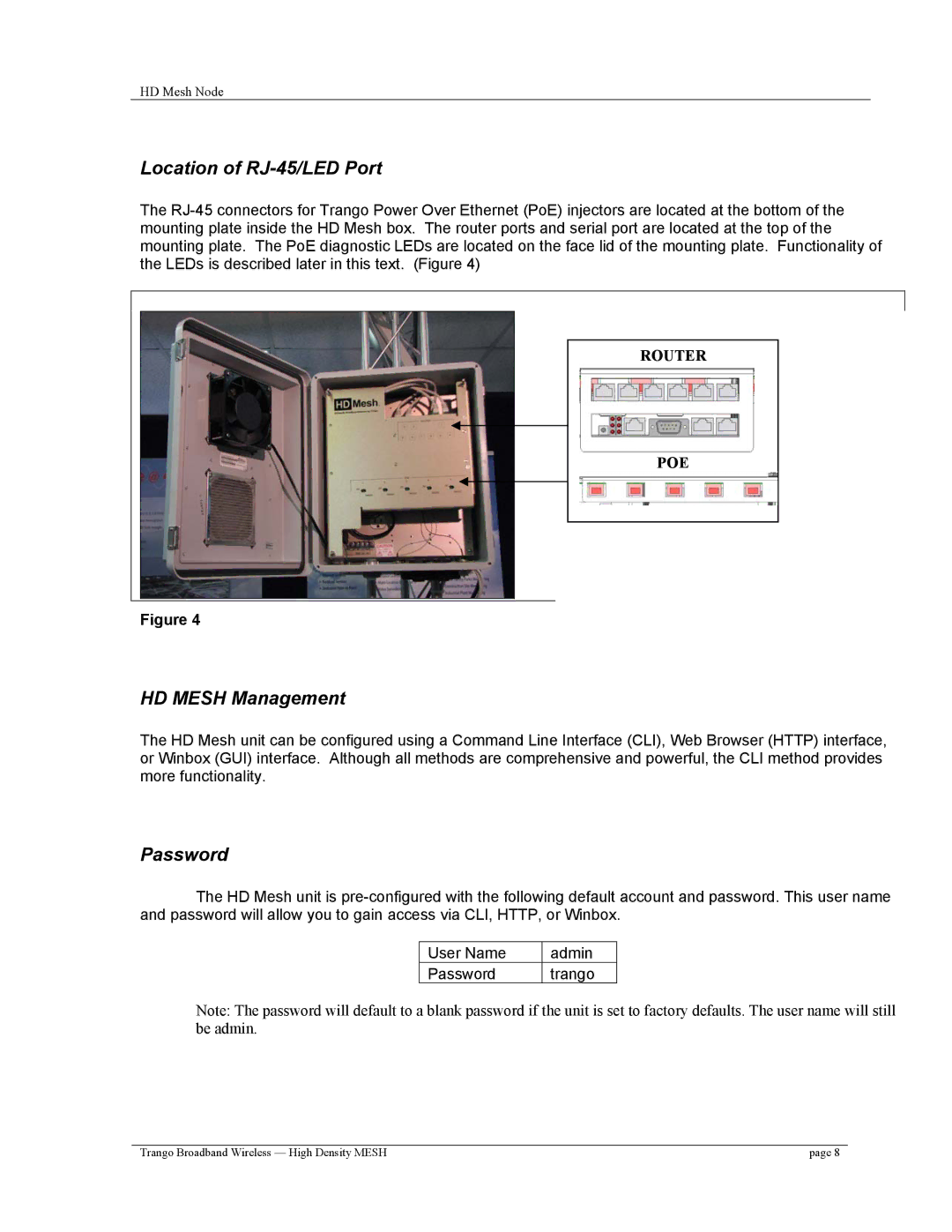 Trango Broadband High Density Mesh System user manual Location of RJ-45/LED Port, HD Mesh Management, Password 