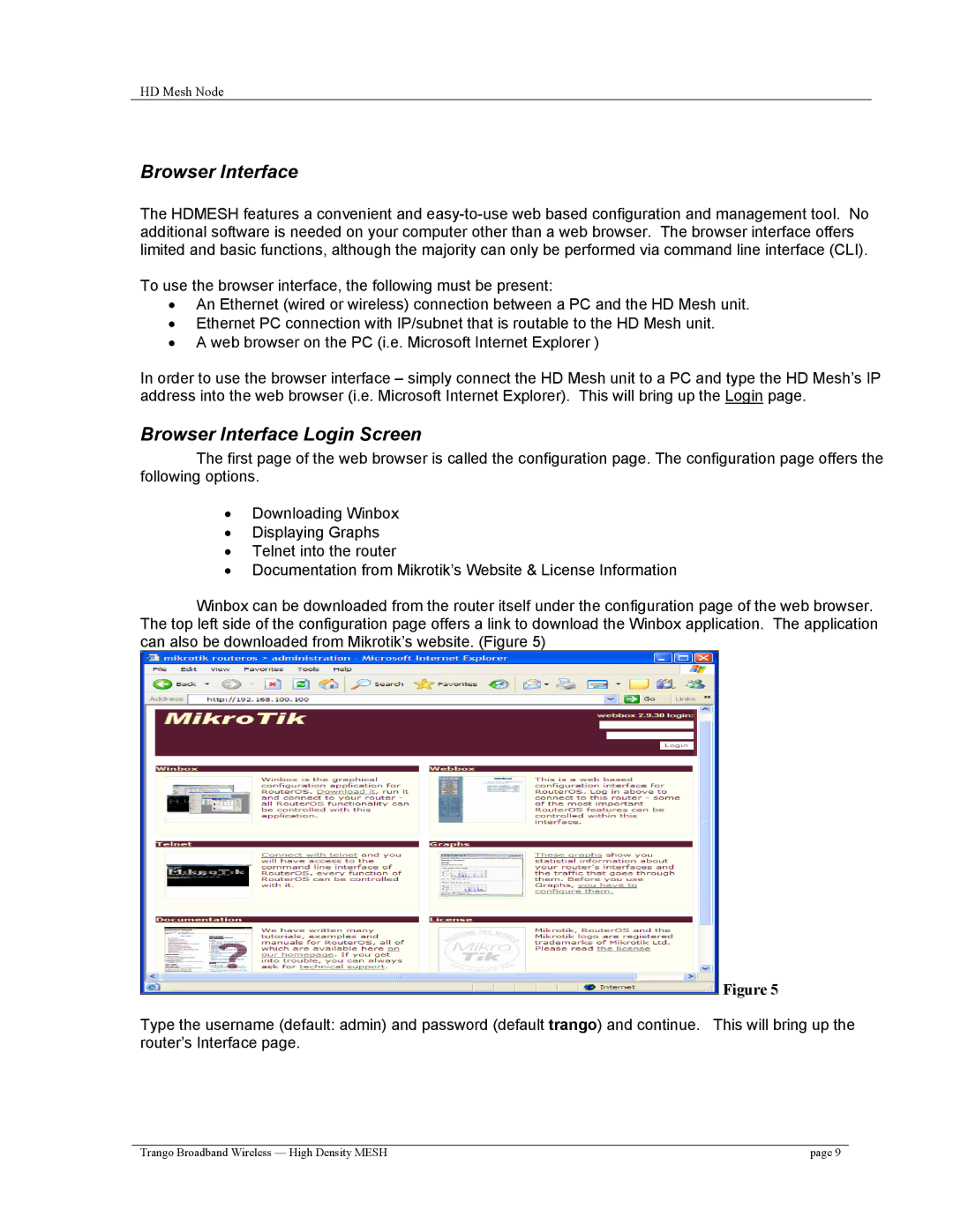 Trango Broadband High Density Mesh System user manual Browser Interface Login Screen 