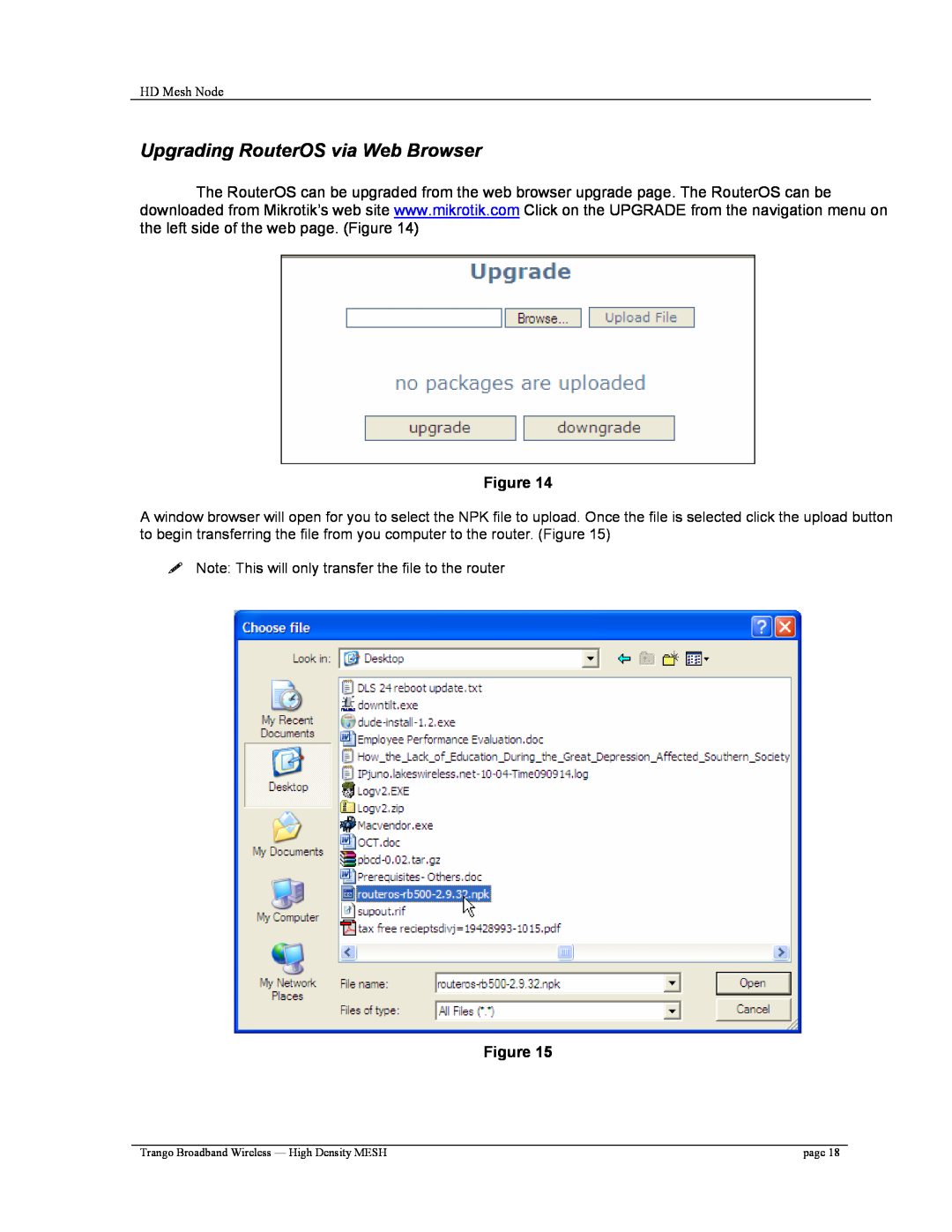 Trango Broadband High Density Mesh System user manual Upgrading RouterOS via Web Browser 