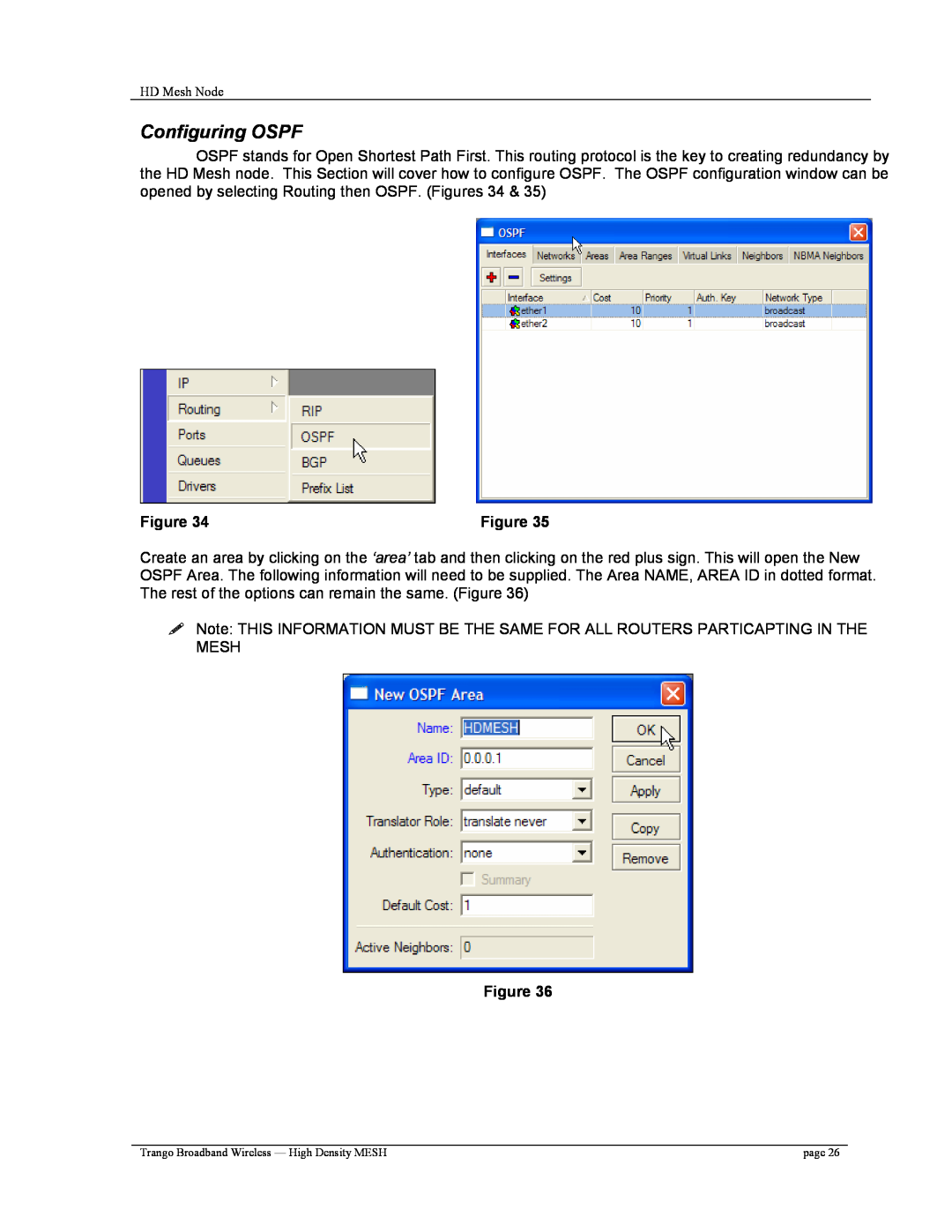 Trango Broadband High Density Mesh System user manual Configuring OSPF 