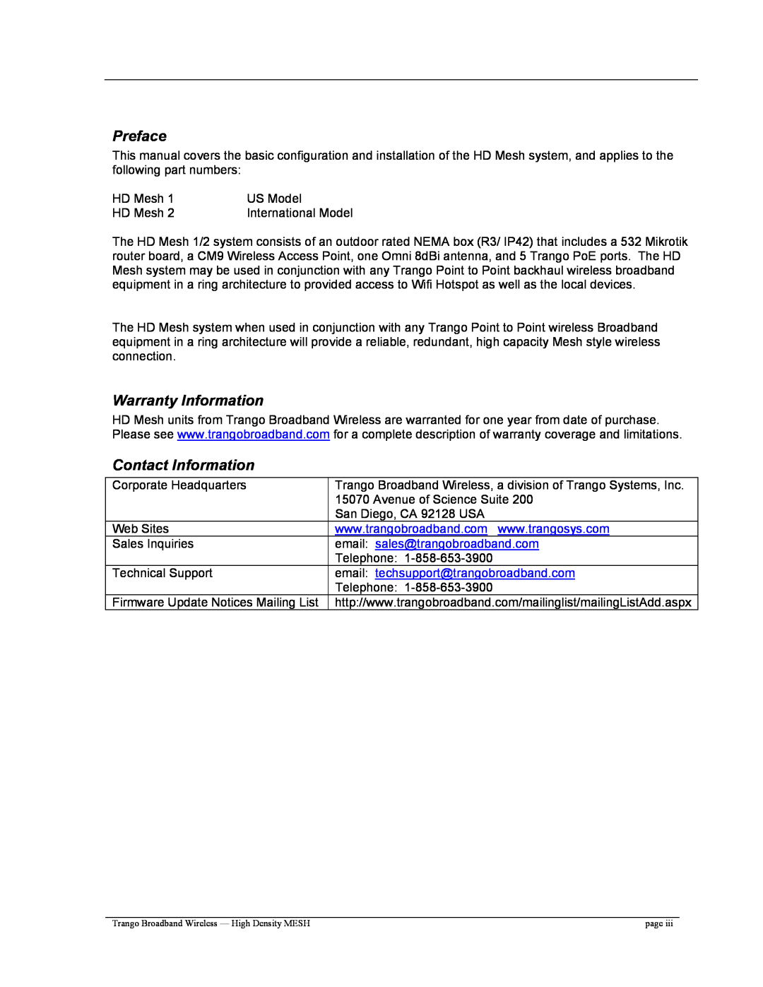 Trango Broadband High Density Mesh System user manual Preface, Warranty Information, Contact Information 