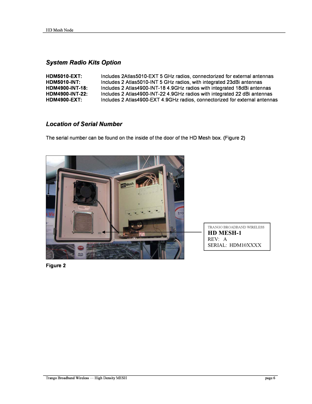 Trango Broadband High Density Mesh System user manual System Radio Kits Option, Location of Serial Number, HD MESH-1 
