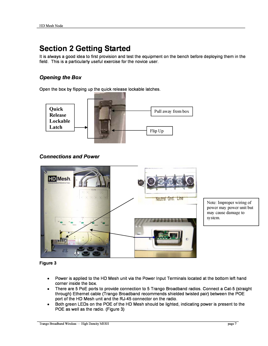Trango Broadband High Density Mesh System user manual Getting Started, Opening the Box, Quick Release Lockable Latch 