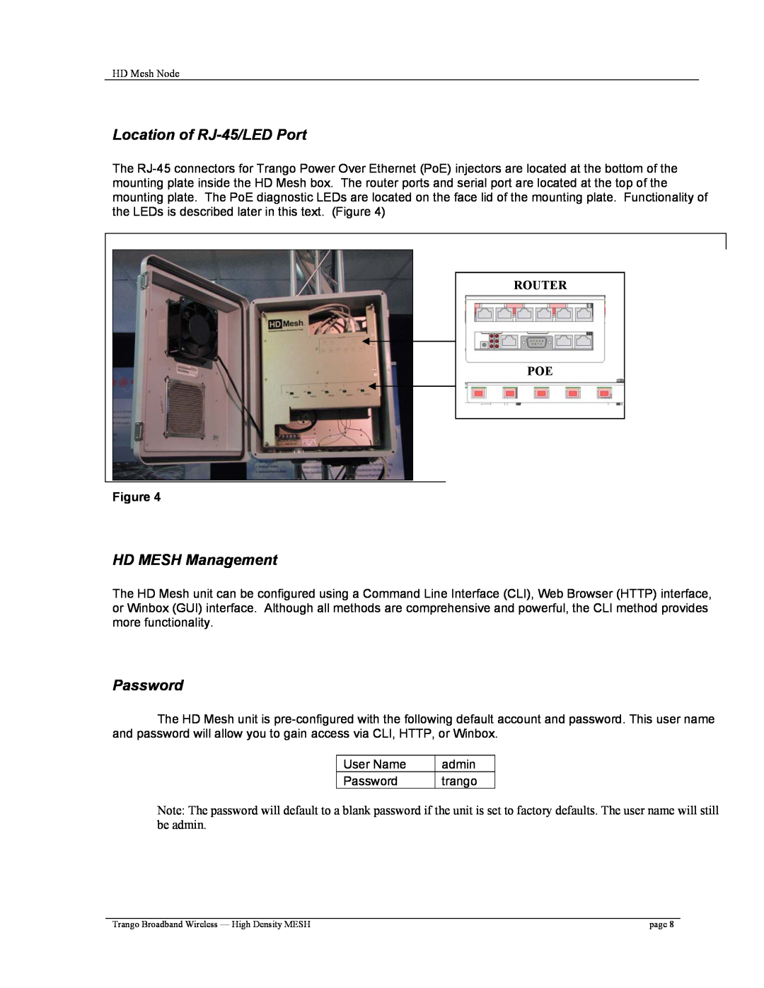 Trango Broadband High Density Mesh System user manual Location of RJ-45/LED Port, HD MESH Management, Password, Router Poe 