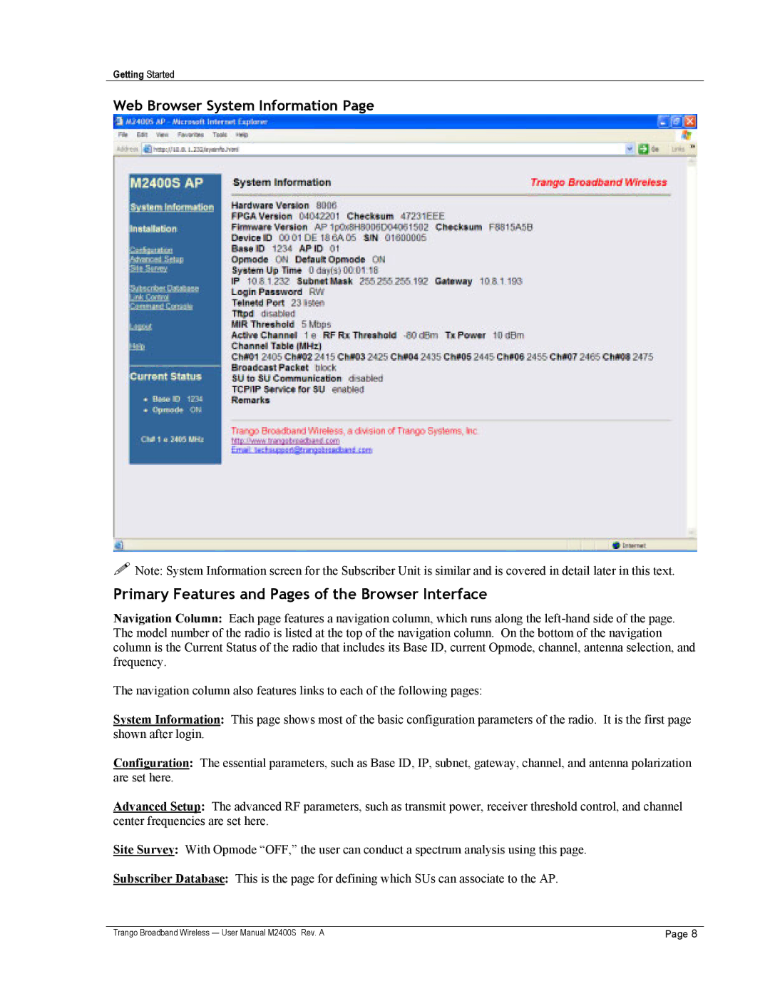 Trango Broadband M2400S user manual Primary Features and Pages of the Browser Interface 