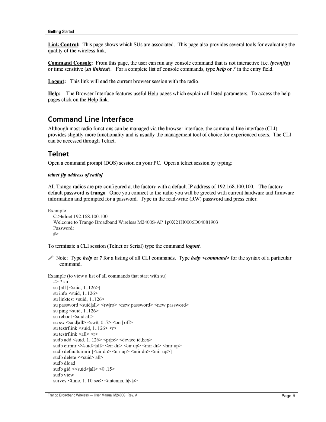 Trango Broadband M2400S user manual Command Line Interface, Telnet ip address of radio 